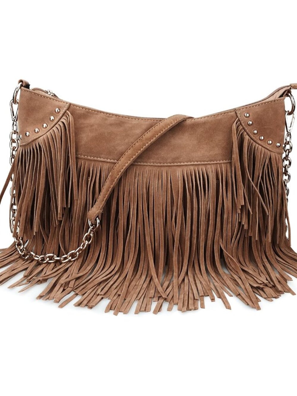 Studded Tassel Faux Suede Leather Hobo Cross Body Chain Shoulder Bag Women’s Sat